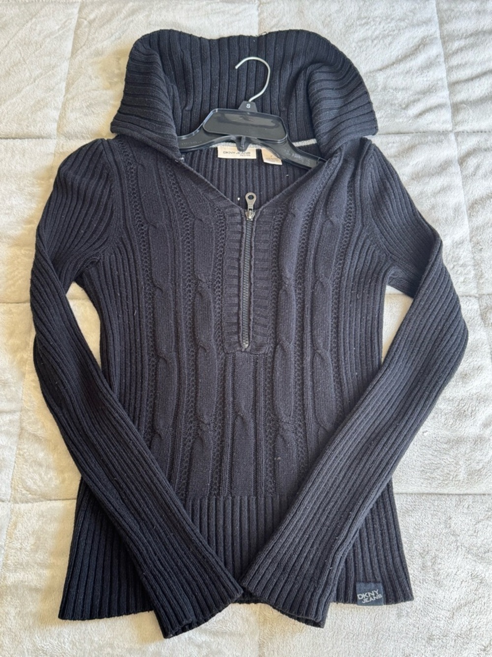 DKNY Black Ribbed Cable-Knit Half-Zip Turtleneck Sweater